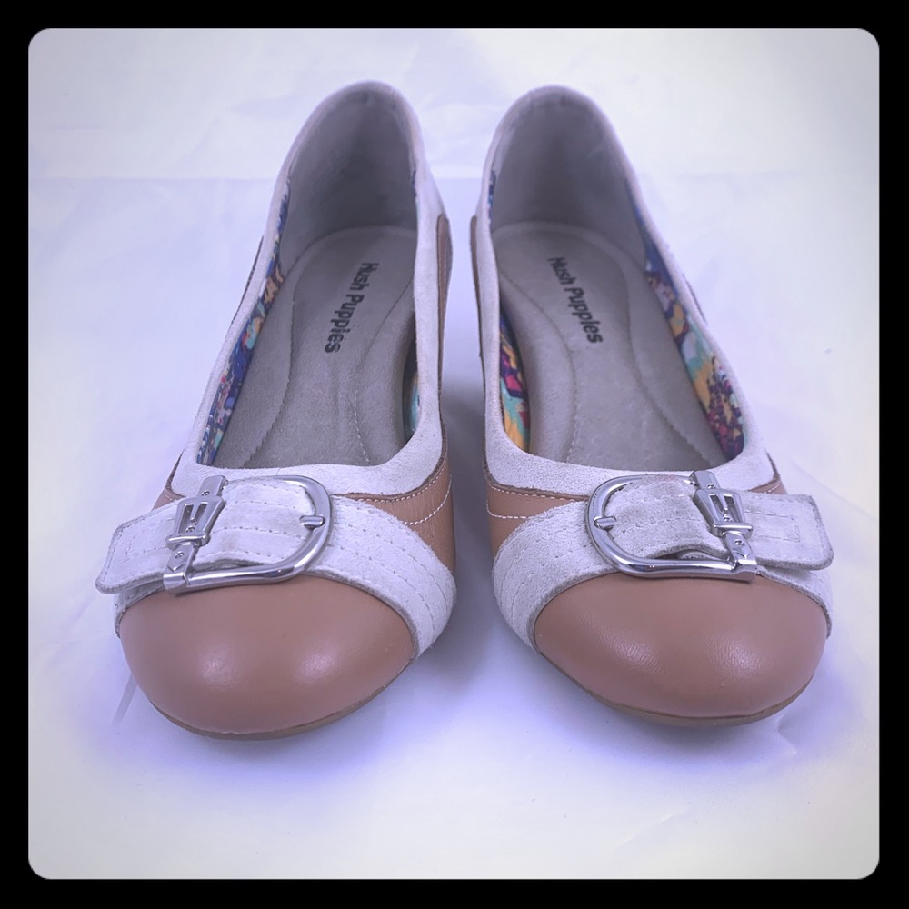 Hush Puppies Wedges Tan & Brown Belt Accents